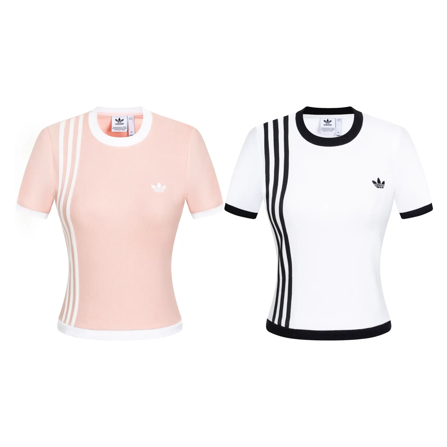 adidas clover slim short-sleeved T-shirt Classic White with Black three stripes, simple and recognizable✨. The knitted fabric is Breathable and skin-friendly, making it super comfortable to wear in spring and summer! The short slim fit easily shows off your body curves, and the round neck design is Versatile, suitable for daily leisure or sports. Pair it with a high-waisted skirt and jeans to easily achieve a cool or retro sporty look. It is a must-have and practical item in your wardrobe! Style number: A 178# Color: White Pink Size: M L XL XXL